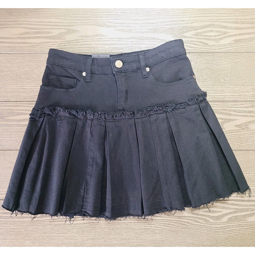 NEW Blank‎ NYC Skirt 25 Black Denim Drop Waist Raw Hem Pleated Mini Y2K Grunge